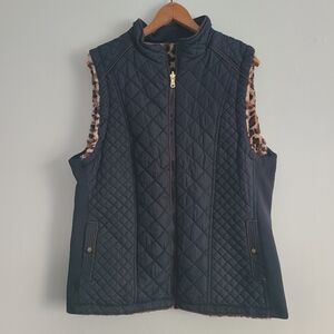 Black Quilted Reversible Vest with Leopard Print